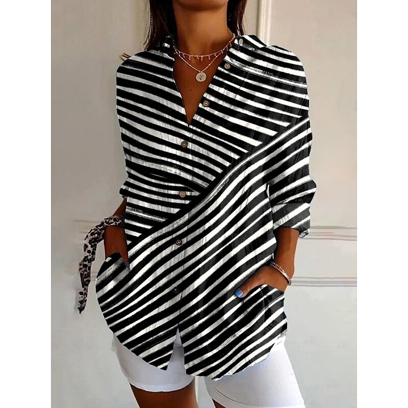 Women's Shirt Button Down Tunic Shirt Collar Long Sleeve Graphic Geometric Striped Vintage Tropical Daily Regular Tops Work Daily s Print Black Spring