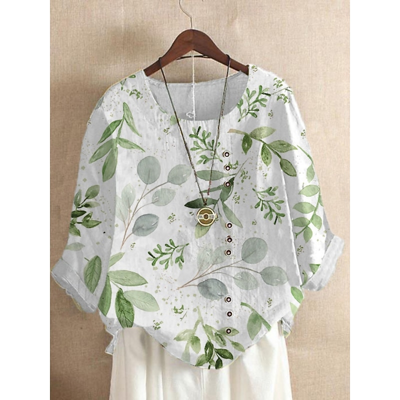 Women's Linen Shirts Floral Daily Retro Vintage Long Sleeve Crew Neck Regular Tops Daily Holiday Buttons Print White Blue Green Light Blue Summer2