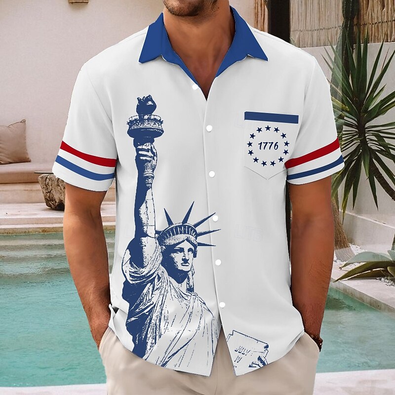 Independence Day Men's Statue Of Liberty US Flag Patriotic Shirt Summer Shirt Button Up Shirt Short Sleeve Fashion Casual Holiday Summer Spring Turndown 3D Print Collared Shirts Front One Pocket