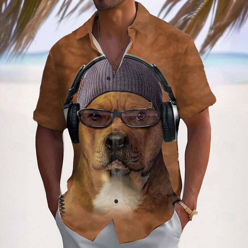 Bono Pitbull by VINCENT HIE Men's Animal Dog Button Up Shirt Short Sleeve Designer Shirt Limited Artist Edition
