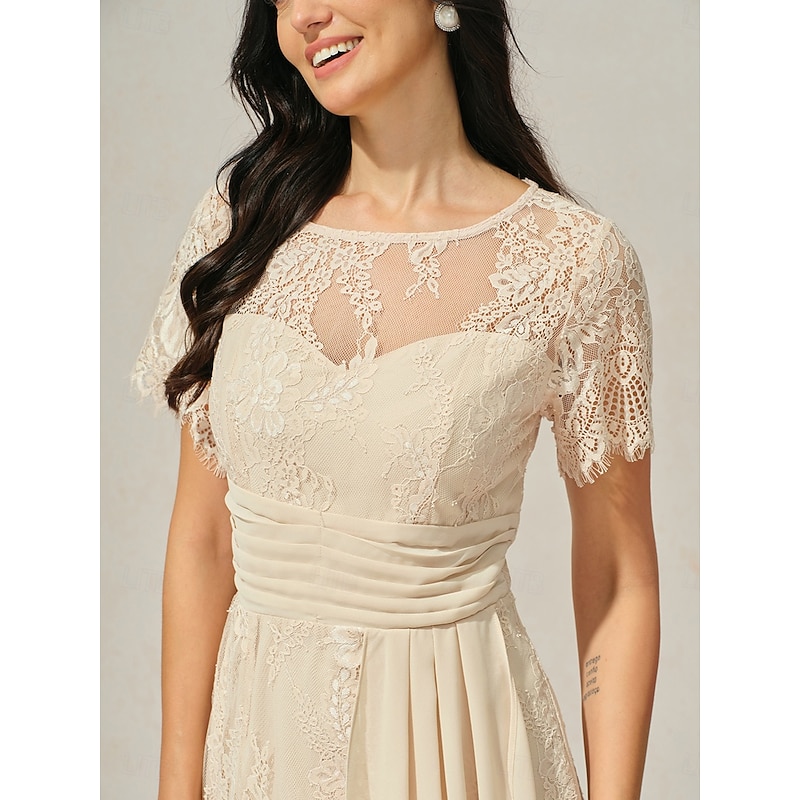 Women's Knee Length Dress Lace Dress Elegant Cocktail Party Regular Fit Solid Color Short Sleeve Crew Neck Champagne Summer Spring4