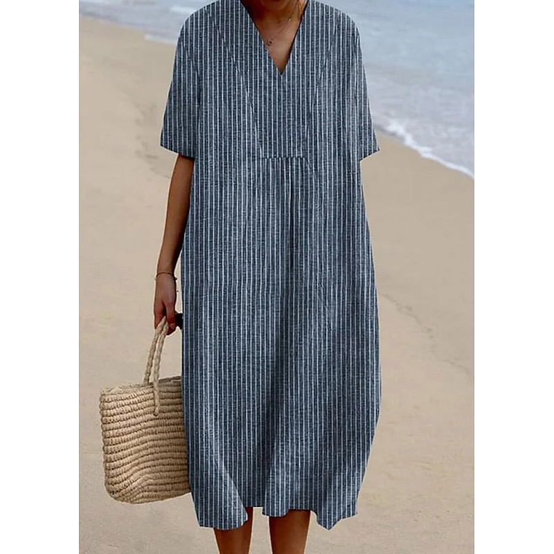Women's Midi Dress Sundress A Line Dress Vacation Casual Beach Party Going out Beach Loose Fit Graphic Geometric Stripe Half Sleeve V Neck Yellow Blue Dark Gray Summer Spring