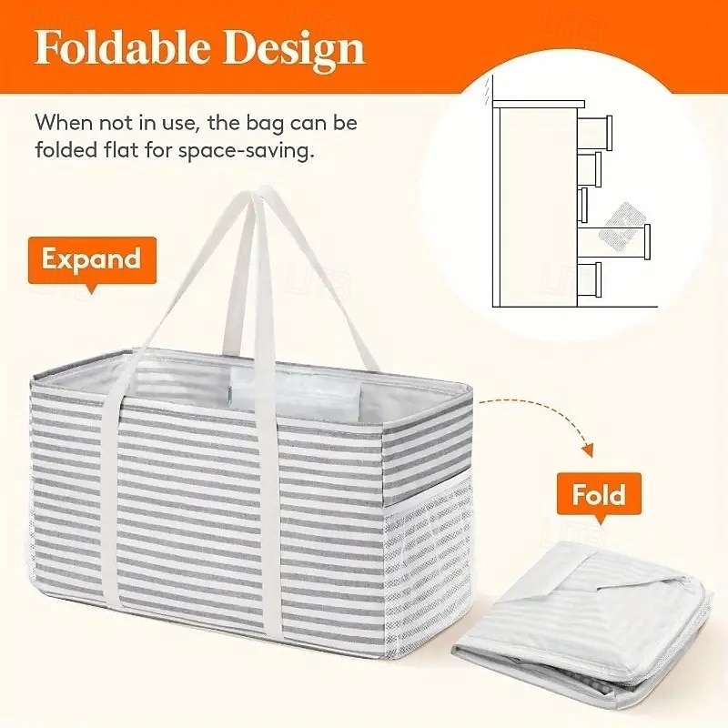 2pcs Extra Large Tote Bag, Reusable Grocery Bags with Metal Wire Frame and Handles, Standing Utility Foldable Shopping Bags for Storage, Picnics, Beach, Pool, Laundry, Car, Camping, 2 Packs, Grey2