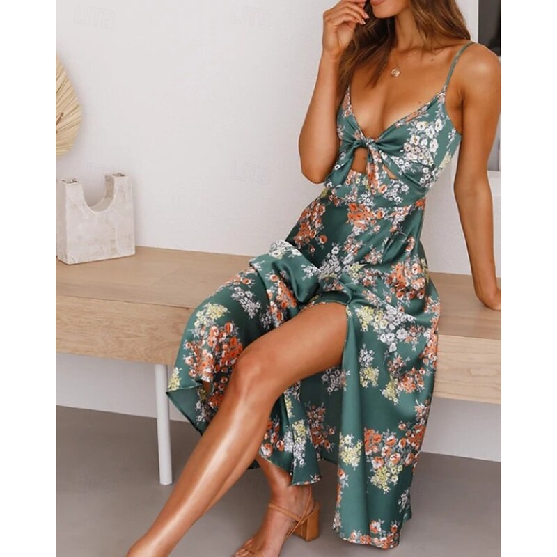 Women's Midi Dress Floral Dress Slip Dress Print Dress Modern Outdoor Daily Holiday Regular Fit Flower Sleeveless Spaghetti Strap Orange Green Summer4