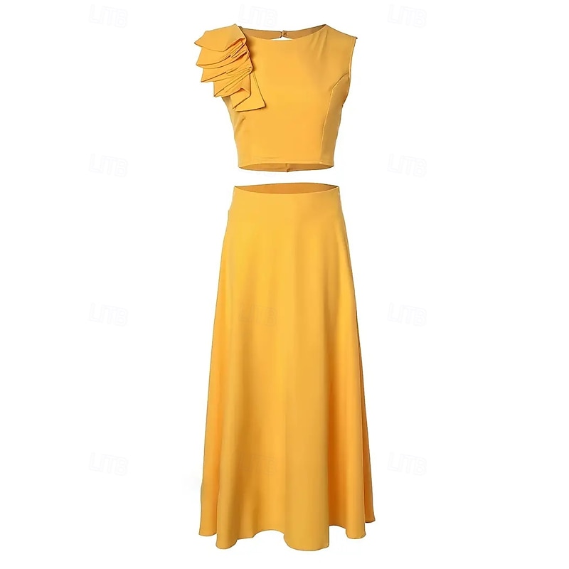 Beach Wedding Two Piece Cocktail Dresses Elegant Dress Graduation Engagement Ankle Length Sleeveless Jewel Neck Fall Wedding Guest Satin with Ruffles Pure Color Dresses4