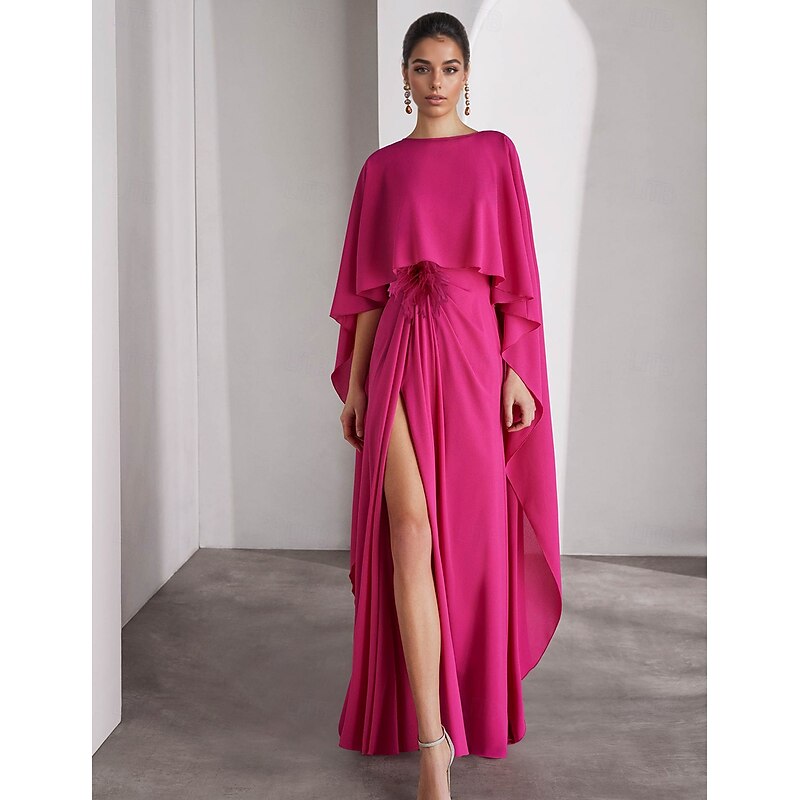 A-Line Evening Gown Elegant Dress Formal Floor Length Short Sleeve Crew Neck Chiffon with Feather Shawl