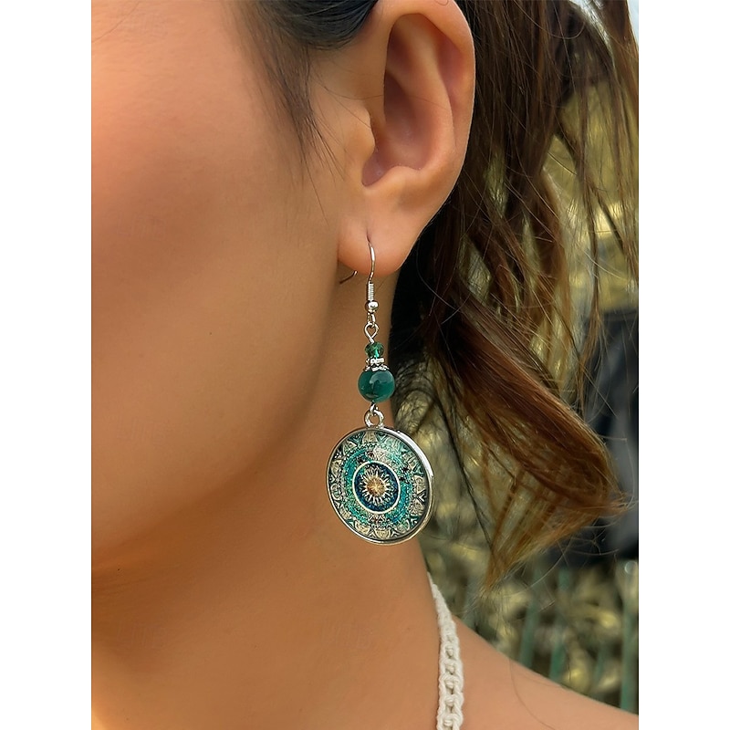Women's Boho Mandala Dangle Earrings – Vintage Glass Dome with Green Beads, Artistic Ethnic Jewelry for Festivals, Travel and Everyday Wear2
