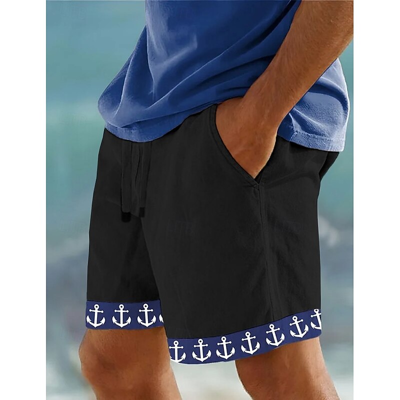 Men's Shorts Linen Shorts Summer Shorts Beach Shorts Drawstring Elastic Waist Anchor Comfort Breathable Knee Length Outdoor Daily Beach Vacation Fashion Black White4