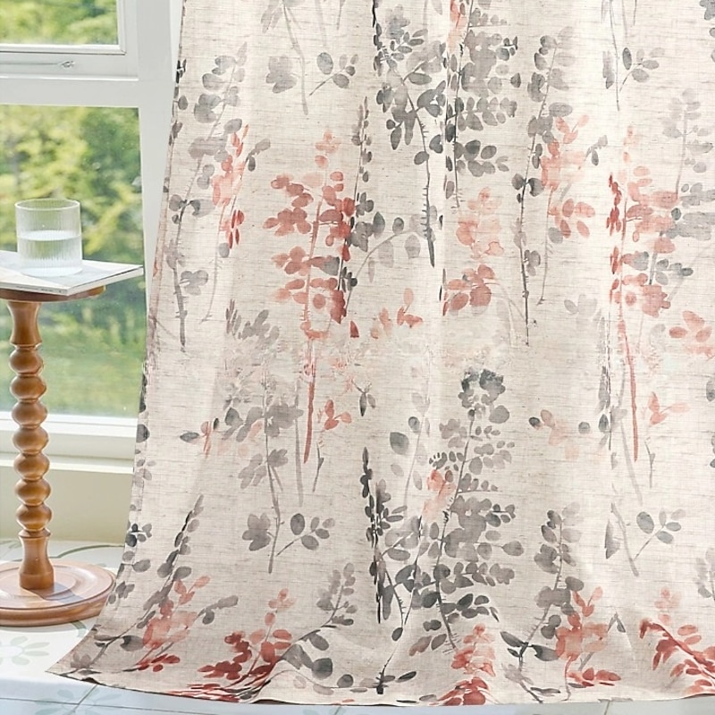 Sheer Linen Curtains Semi Sheer Curtains Draperies for Living Room/Bedroom Vintage Classical Floral Printing Window Treatment Grommet 2 Panels, Coral and Taupe2