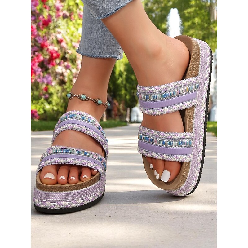 Women's Boho Blue Woven Slide Sandals – Ethnic Platform Slippers for Beach Holidays & Casual Summer Outfits