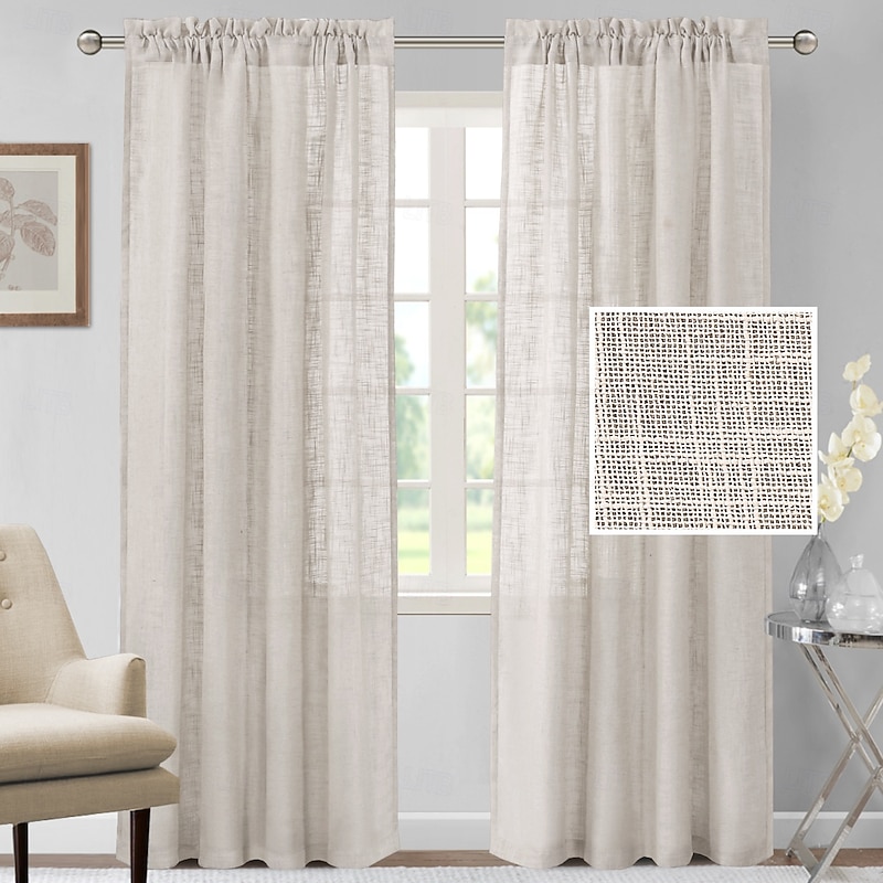 Linen Curtains Long Natural Linen Blended Textured Light Filtering Rod Pocket Curtains for Living Room & Bedroom