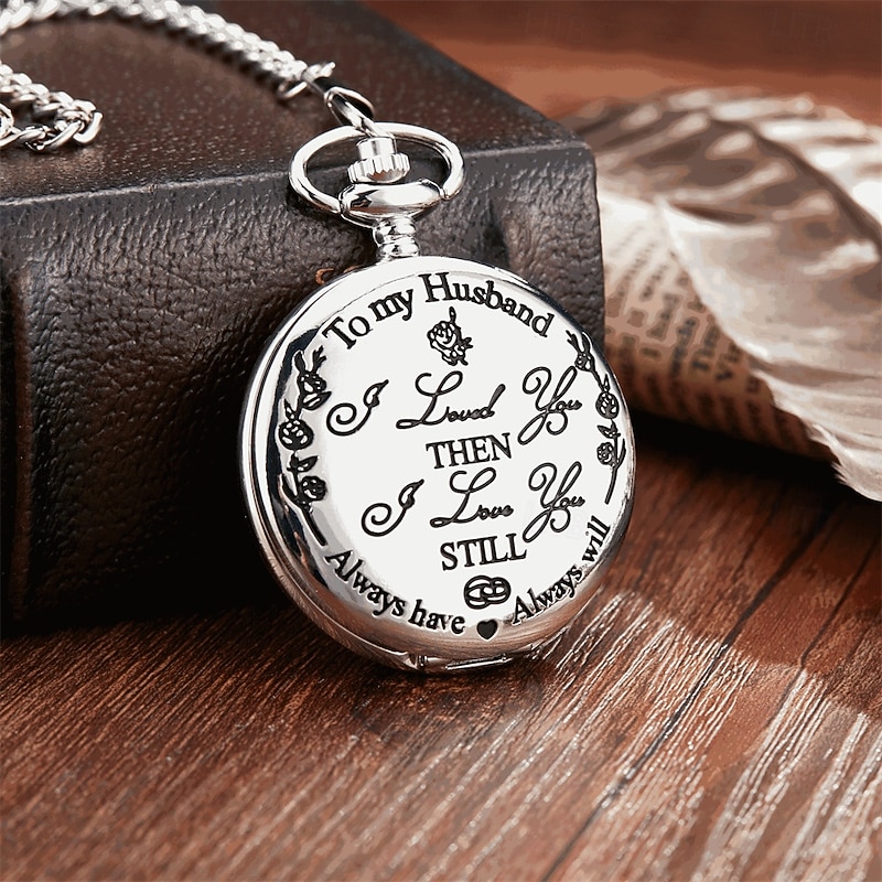 To My Husband Pocket Watch Black Engraved Timepiece with Chain, Romantic Gift for Him from Wife, Anniversary Keepsake3