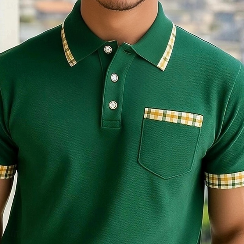 Men's Polo Golf Shirt Vacation Casual Lapel Short Sleeve Fashion Muscle Plaid Patchwork Pocket Summer Spring Green Polo2