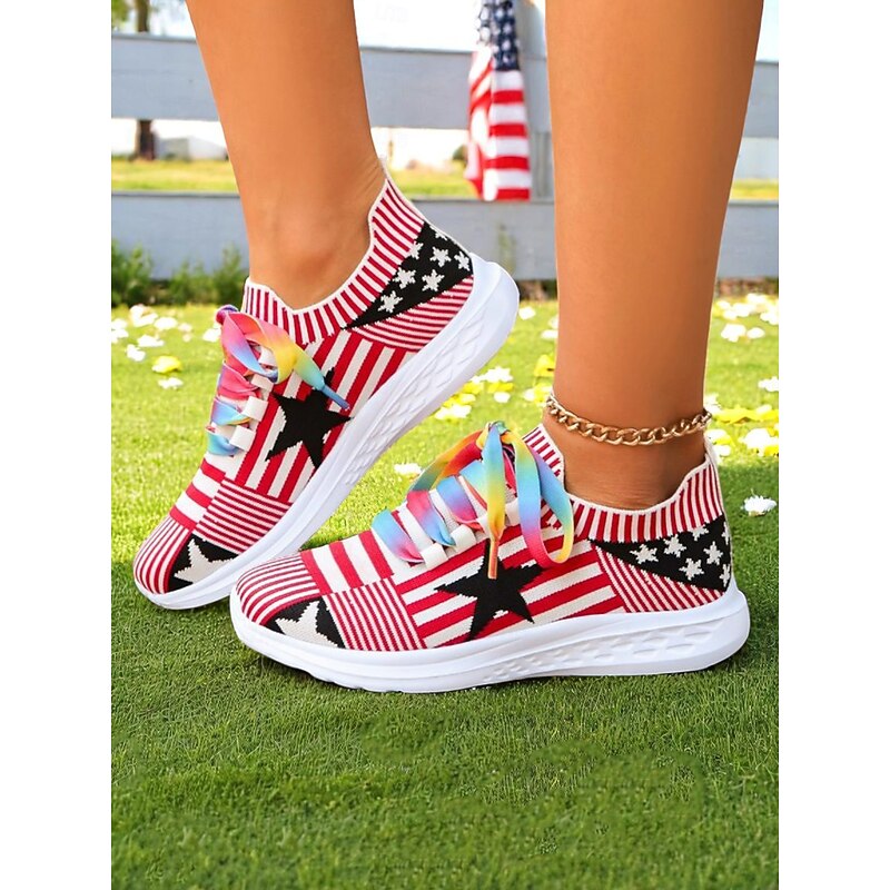 Women's Fourth of July Flyknit Sneakers with Colorful Rainbow Laces – Breathable Stars and Stripes Running Shoes for Independence Day and Everyday Sport Style2