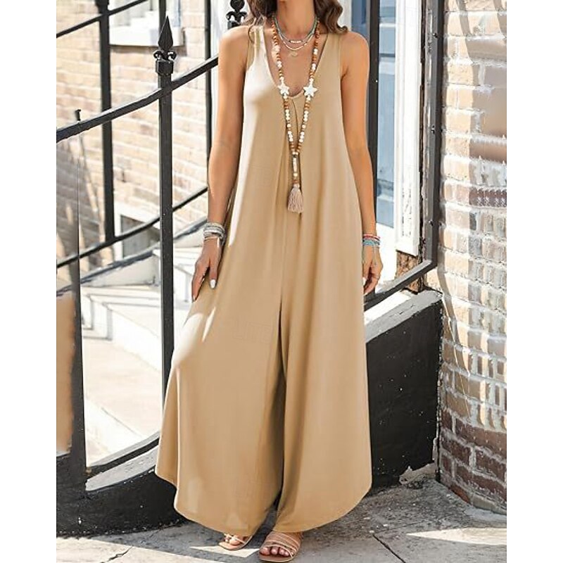 Women's Normal Jumpsuit Streetwear Solid Color Sleeveless V Neck Pocket Daily Weekend Regular Fit Black Pink Army Green Summer3