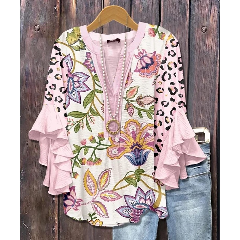 Women's Blouse V Neck Layered Ruffle Sleeve Tops Floral Graphic Paisley Bohemia Vintage Daily 3/4 Length Sleeve Regular Tops Daily Holiday Vacation Wear Print Black Pink Purple Violet Beige Summer
