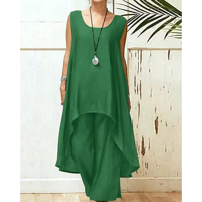 Women's Active Cotton Linen Shirts Blouse Pants Sets Sleeveless U Neck Solid Color Vacation Holiday Black Dark Pink Blue Summer Regular Fit4