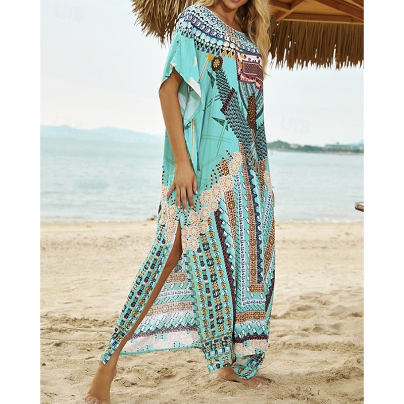 Women's Swimwear Cover Up Swimsuit Tropical Beach Wear Flower Round Neck Short Sleeves Bathing Suits3