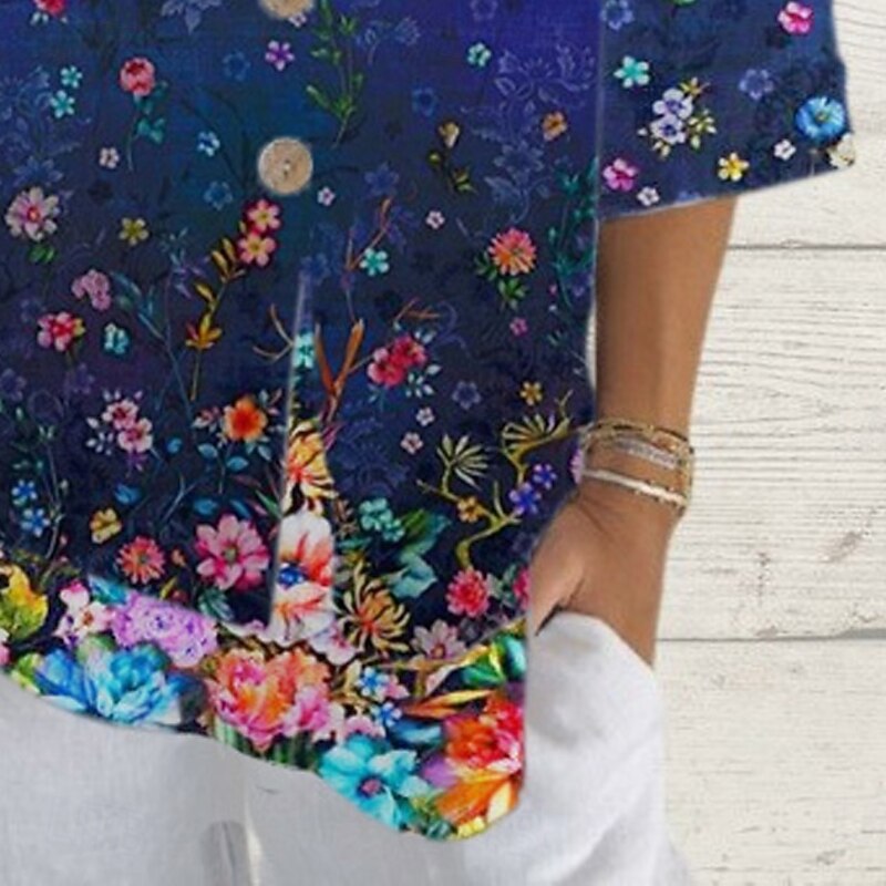 Women's Shirt Summer Tops Floral Graphic Classic Casual 3/4 Length Sleeve V Neck Regular Tops Daily Weekend Print Blue Summer Spring Fall4