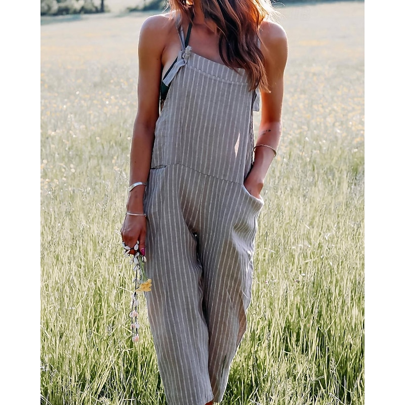Women's Normal Jumpsuit Streetwear Striped Sleeveless U Neck Pocket Holiday Going out Regular Fit Gray Summer4