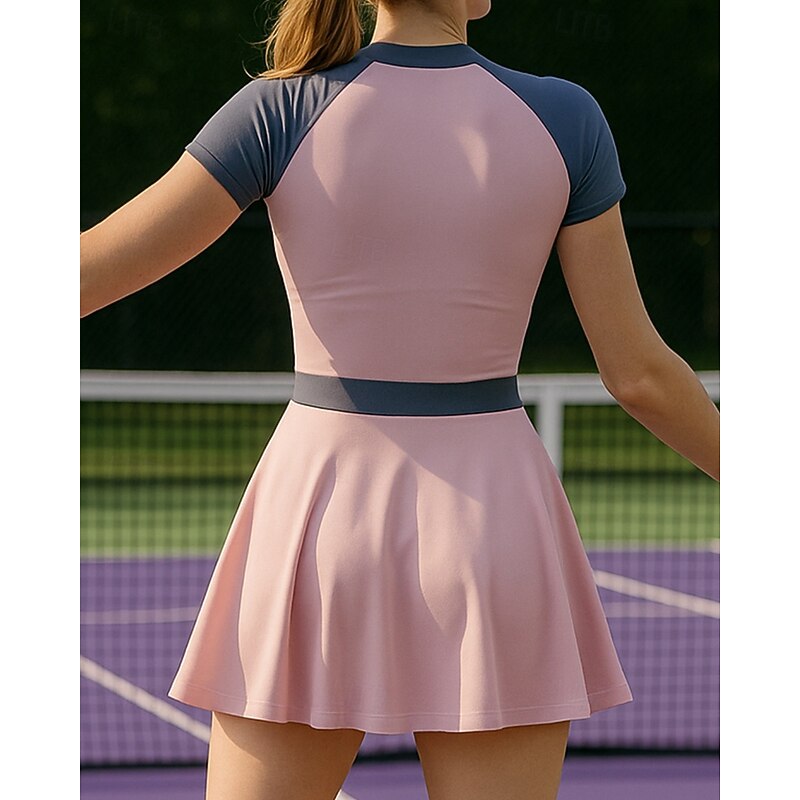 Women's Patchwork Tennis Dress Short Sleeve Pleated Zipper Contrast Binding Breathable Tennis Pickleball Round Neck Dress Black Pink Royal Blue Tennis Clothing2