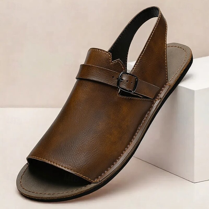 Men's Brown Faux Leather Slingback Sandals with Adjustable Buckle - Versatile Footwear for Outdoor and Casual Wear
