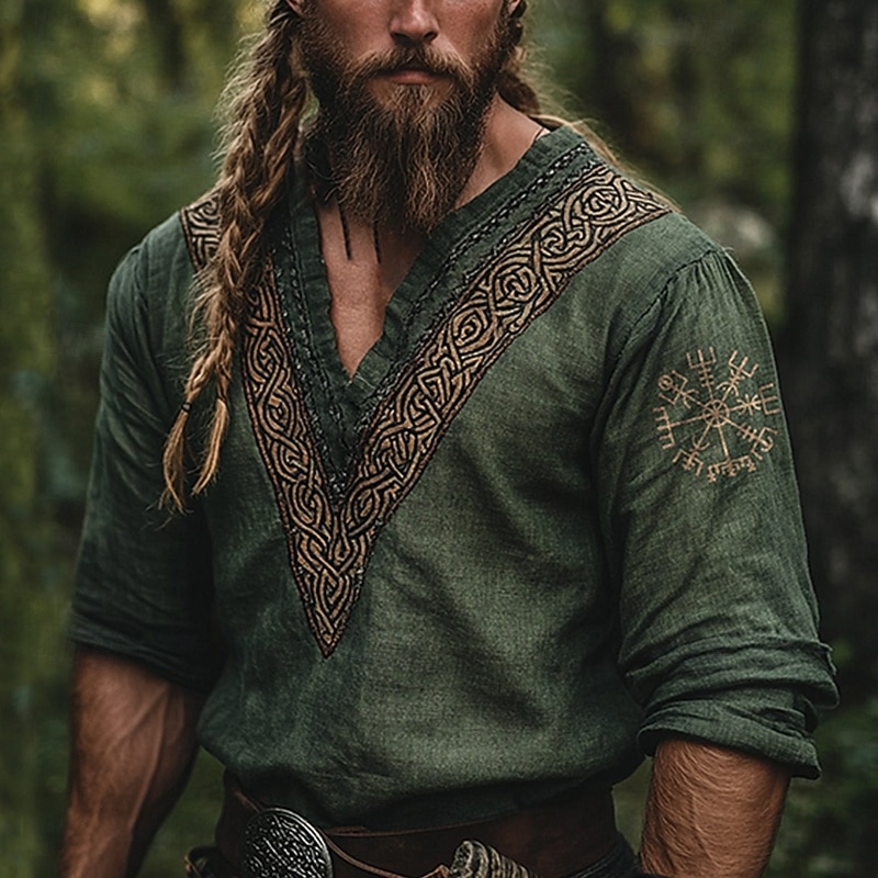 Men's Shirt Linen Shirt Viking Style Popover Shirt Summer Shirt Beach Wear Geometric Vacation Street Blue Green Khaki Long Sleeve V Neck Summer Spring Clothing Apparel