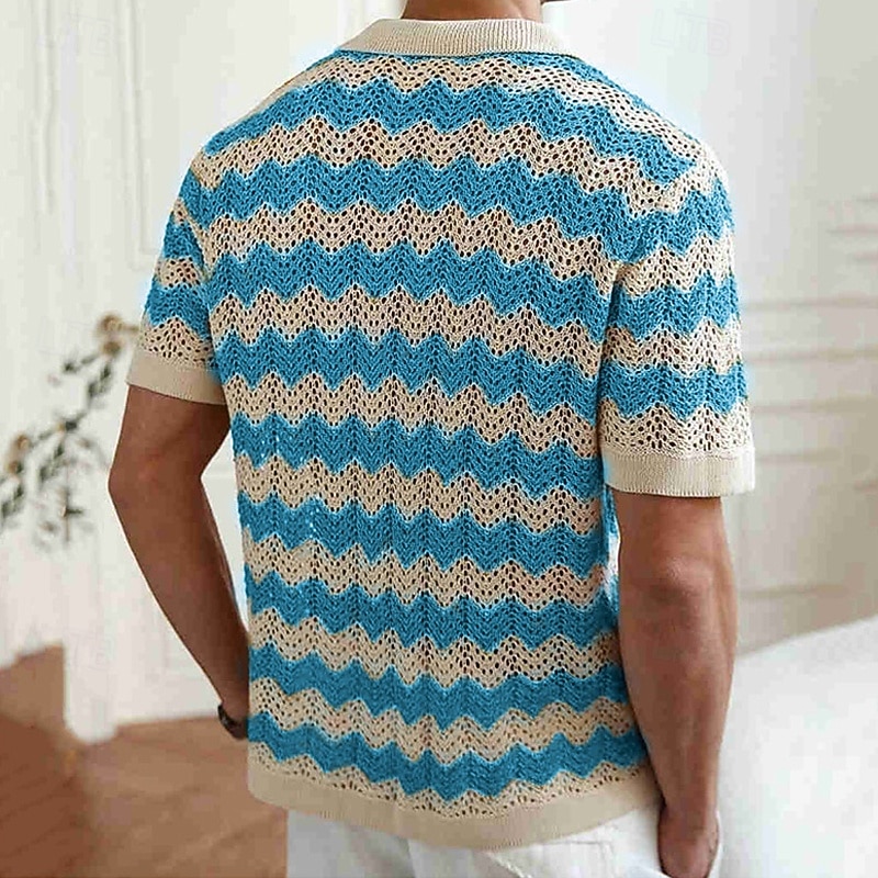 Men's Button Up Polos Golf Shirt Casual Sports Lapel Short Sleeve Fashion Basic Lines / Waves Buttons Summer Yellow Blue Brown Button Up Polos2