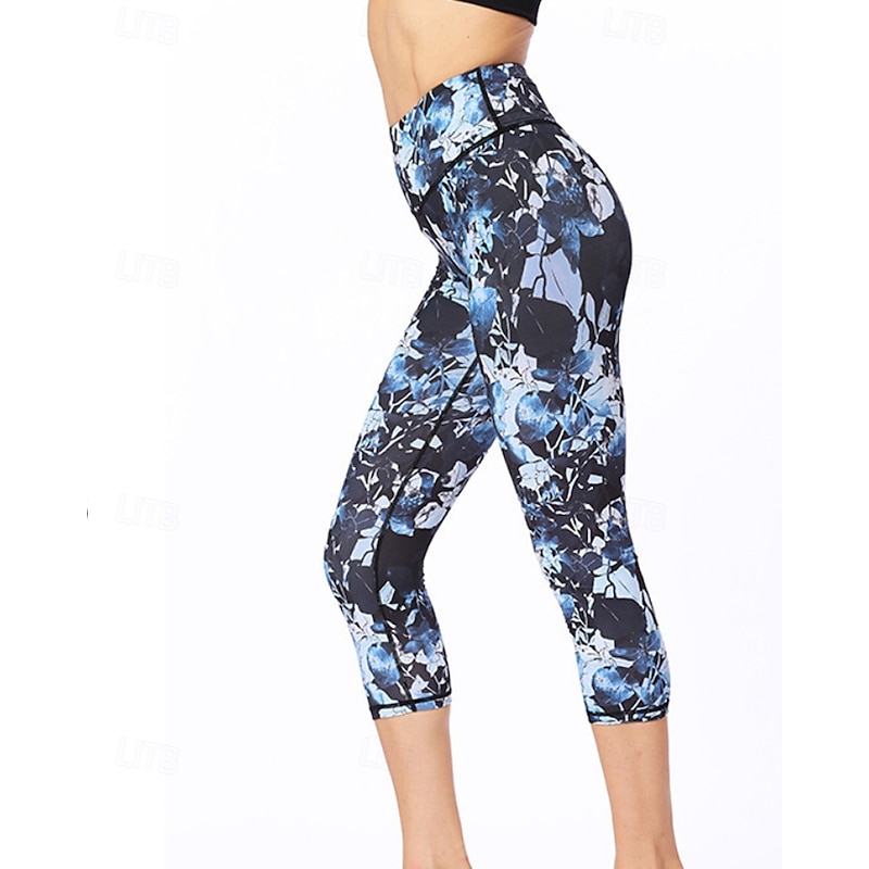 Women's Capri Pants Leggings Cozy Leggings Streetwear Casual Calf-Length Natural Floral Print Comfy Outdoor Comfortable Outdoor Holiday Going out Black and Blue Navy Light Sky Blue Grey Summer