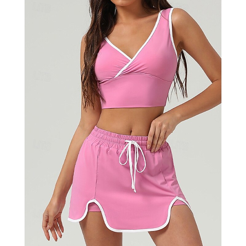 Women's Patchwork Tennis Skirts with Shorts Tennis Top 1 set Sleeveless Drawstring Contrast Binding Breathable Tennis Golf Pickleball V Neck White Pink Dark Navy Tennis Clothing4