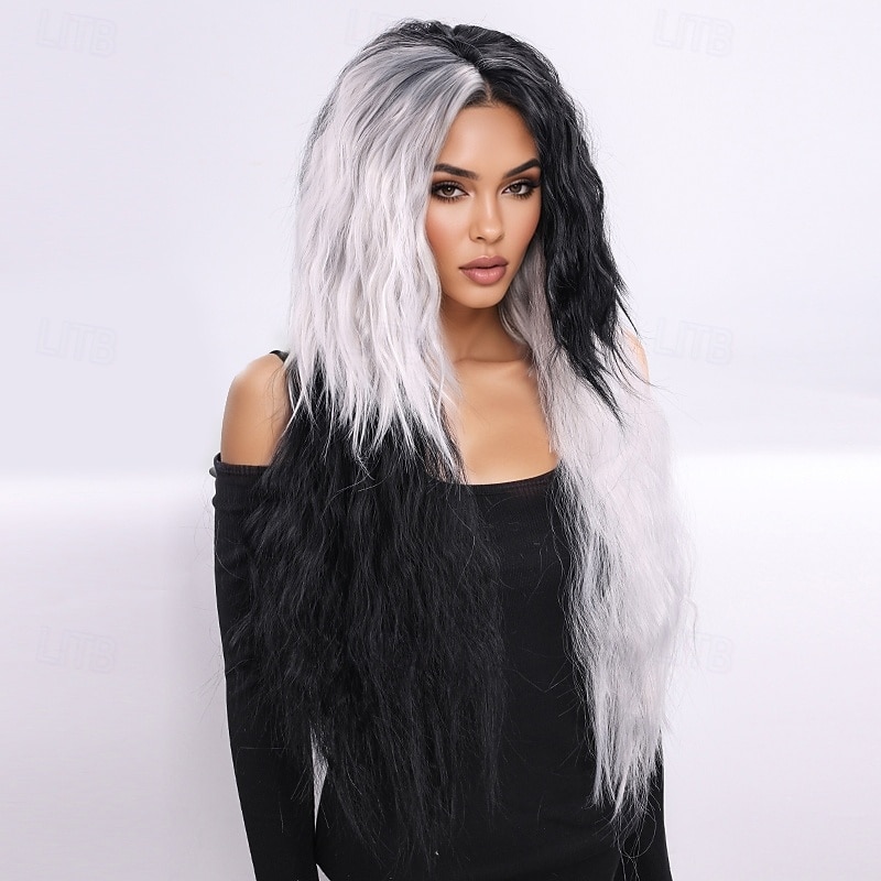 Synthetic Wig Curly Weave Micro Locs Layered Haircut With Bangs Machine Made Wig Long 28 inch A1 Synthetic Hair Women's Classic Comfortable Color Gradient Black White4