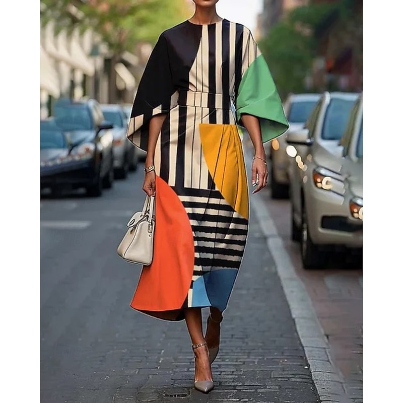 Women's Midi Dress Floral Dress Print Dress Elegant Fashion Outdoor Vacation Holiday Regular Fit Geometric Flower Half Sleeve Crew Neck Black Yellow Purple Summer