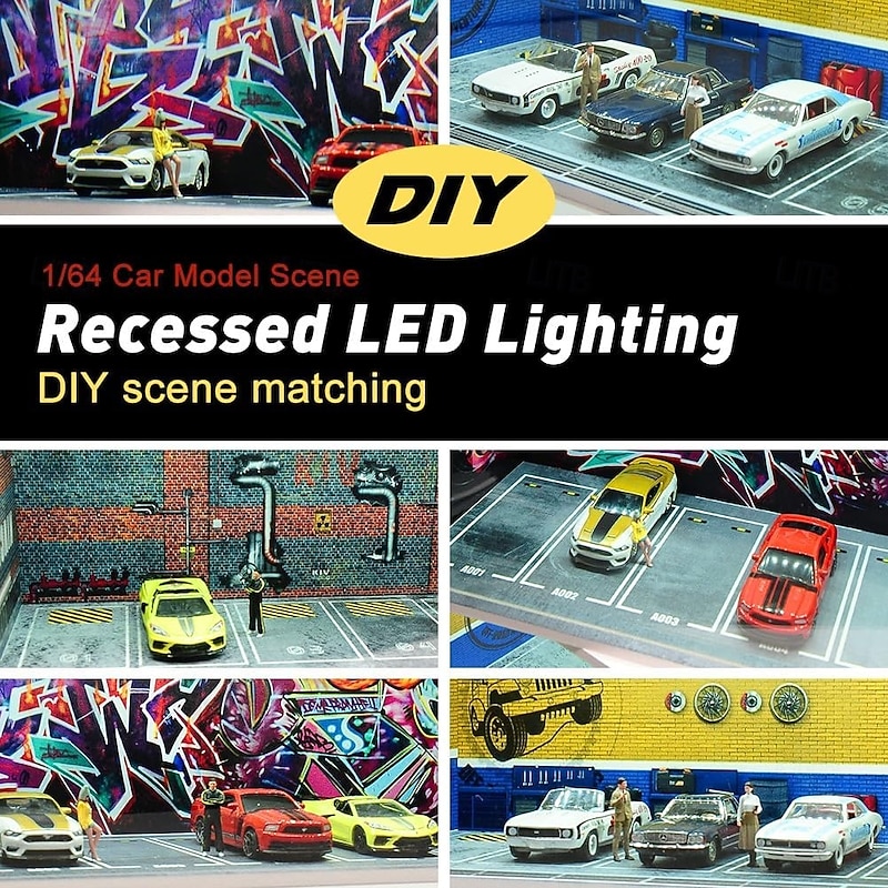 1:64 Model Car Display Case Diecast Diorama Garage，Simulated Parking Lot Model Miniature Scene Parking Lot PVC Assembly with Light Parking Space Model Display Frame Toy Display Box2
