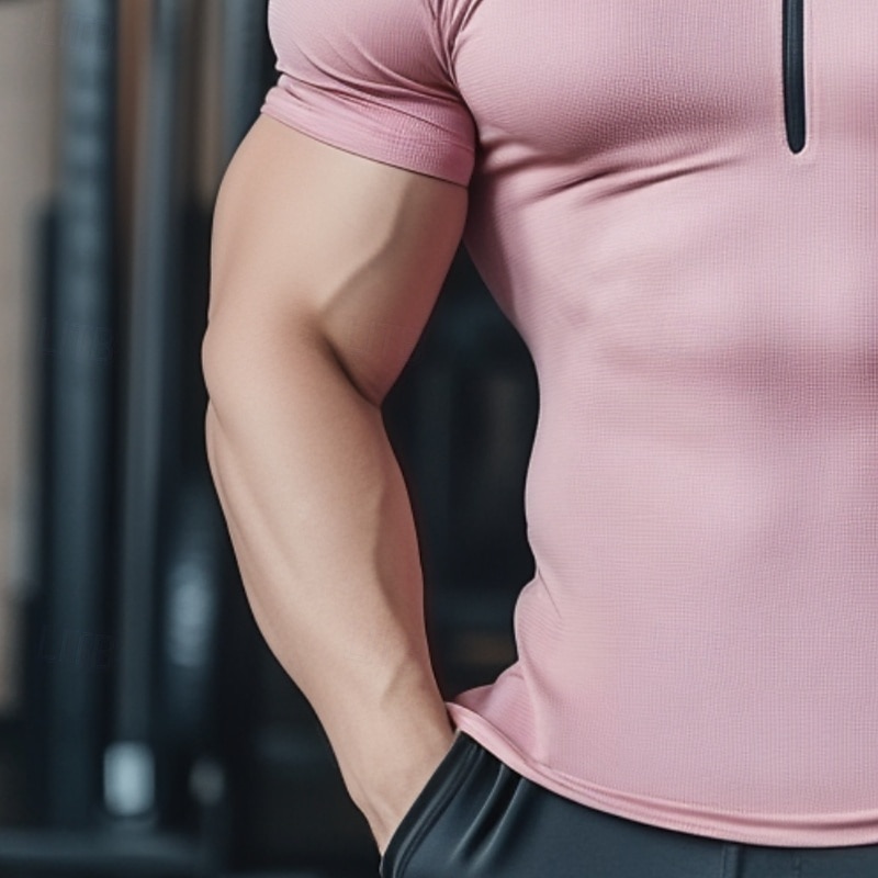 Men's T Shirt Tee Top Short Sleeve Short Sleeves Zip Summer Solid Color Plain Fashion Designer Sporty Zipper Athletic Casual Going out Pink Top Tee for Men3