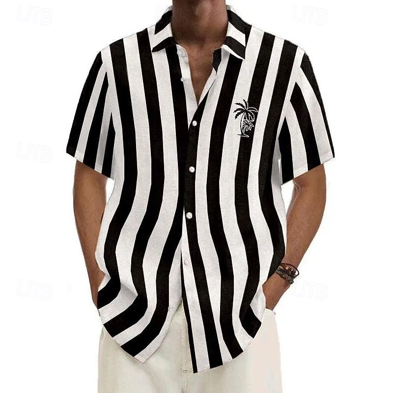 Men's Shirt Summer Shirt Casual Shirt Beach Shirt Button Up Shirt Black Light Green Red Blue Dark Green Short Sleeve Coconut Tree Stripes Lapel Vacation Hawaiian Clothing Apparel Polyester Fashion2