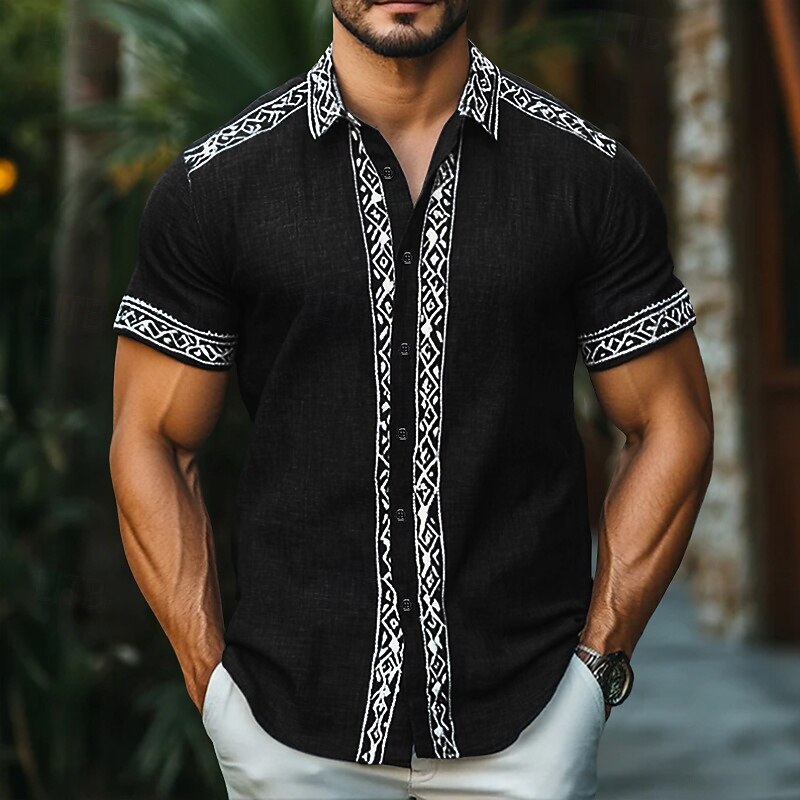 Men's Linen Shirt Summer Shirt Beach Wear Button Up Shirt Ethnic Shirt Vacation Street Black Navy Blue Gray Short Sleeve Turndown Summer Spring Clothing Apparel3