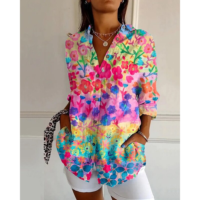 Women's Shirt Flower Daily Stylish Basic Half Sleeve V Neck Regular Tops Daily Holiday Print Pink Blue Brown Spring Fall2