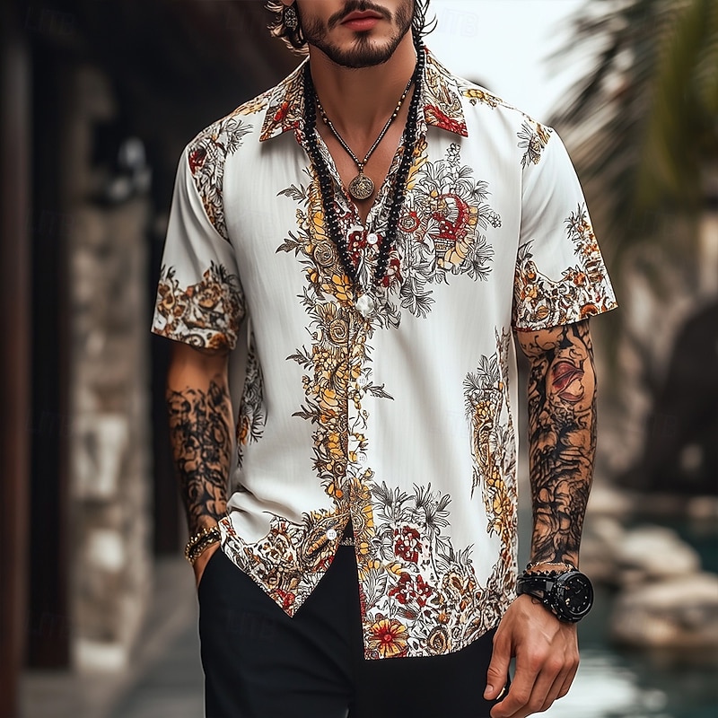 Men's Floral Print Indian Boho Shirt Summer Hawaiian Shirt Button Up Shirt Short Sleeve Hawaiian Vacation Holiday Beach Wear Summer Spring Turndown 3D Print Collared Shirts White