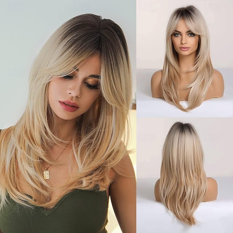 24 Long Wig for WomenLight Blonde with Dark Root Female Synthetic Long Hair with FringeSuitable for Daily/Cosplay/Partywith Wig Cap