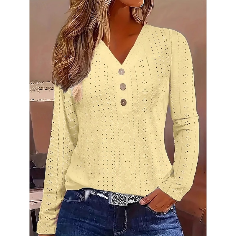 Women's Blouse Solid Color Vintage Tropical Stylish Long Sleeve V Neck Regular Tops Daily Buttons Eyelet White Yellow Pink Blue  Prefall2