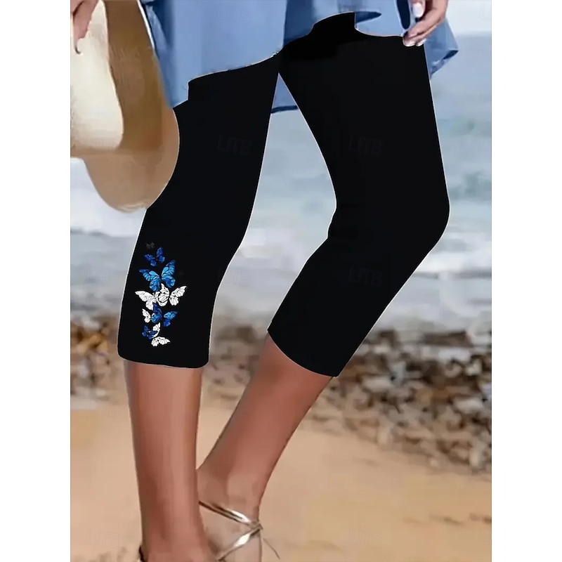 Women's Capri Pants Leggings Vacation Vintage Fashion Calf-Length High Waist Graphic Butterfly Embroidered Pocket Printing Breathable Soft Stretchy Outdoor Vacation Street Black White Summer Spring4