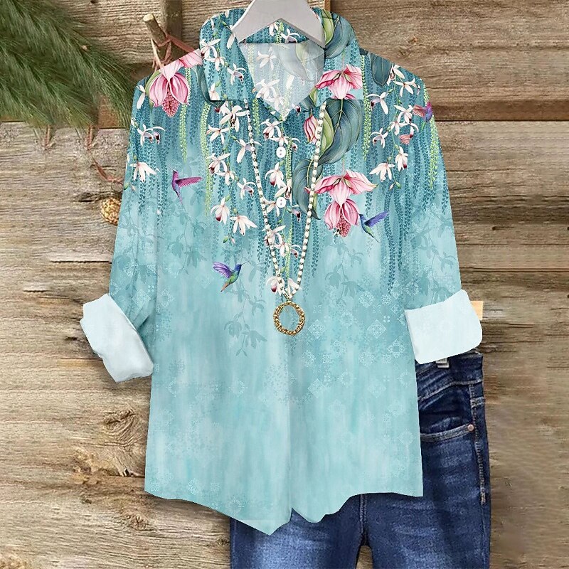 Women's Shirt Blouse Flower Modern Long Sleeve Shirt Collar Regular Tops Daily Holiday Going out Print Blue Green Summer4