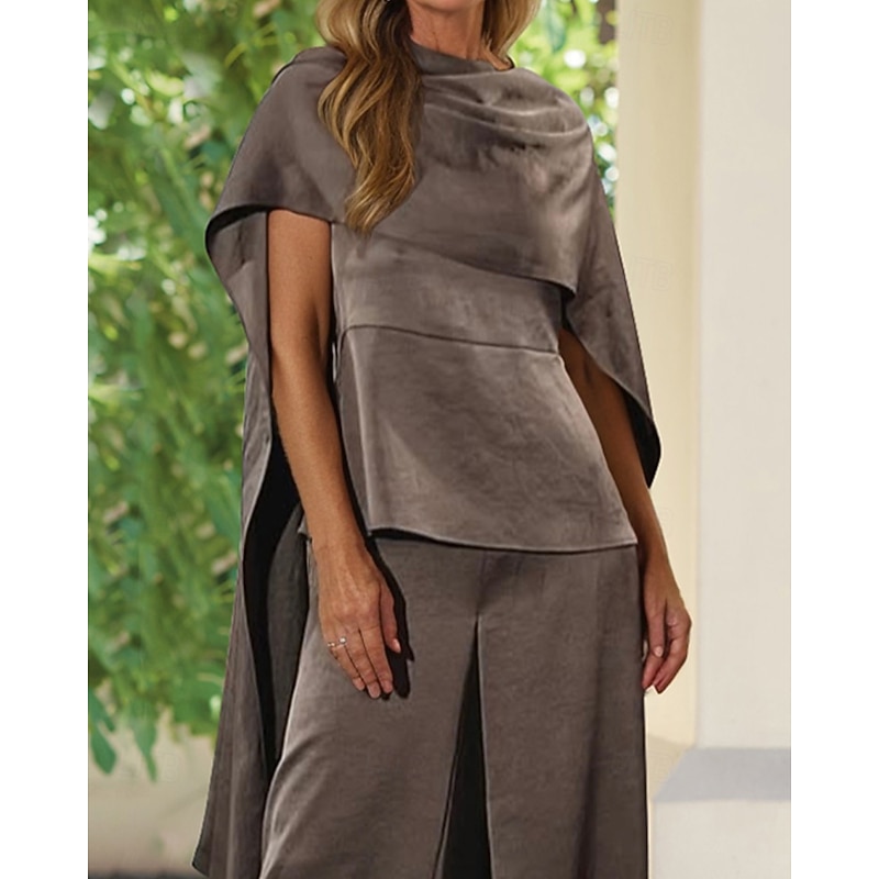 Two Piece Wrinkled Satin Pantsuit Mother of the Bride Pantsuit Elegant Simple Minimalist Cowl Neck Funnel Neck Floor Length Sleeveless Short Sleeve with Draping2