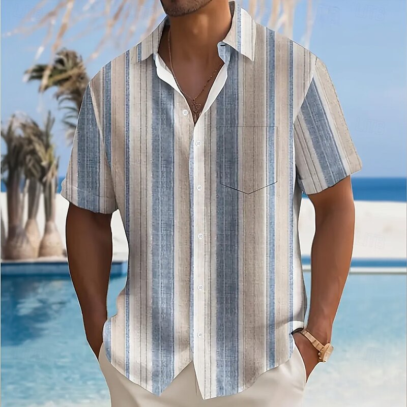 Men's Geometric Striped Shirt Summer Shirt Button Up Shirt Short Sleeve Fashion Casual Vacation Holiday Streetwear Summer Turndown 3D Print Front One Pocket Linen Like Shirt Khaki