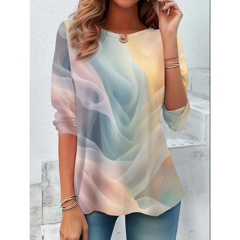 Women's T shirt Long Sleeve Crew Neck Long Sleeve Tunic Floral Graphic Gradient Elegant Vintage Stylish Regular Tops Daily Print White Yellow Red Blue Dark Green Fall Prefall