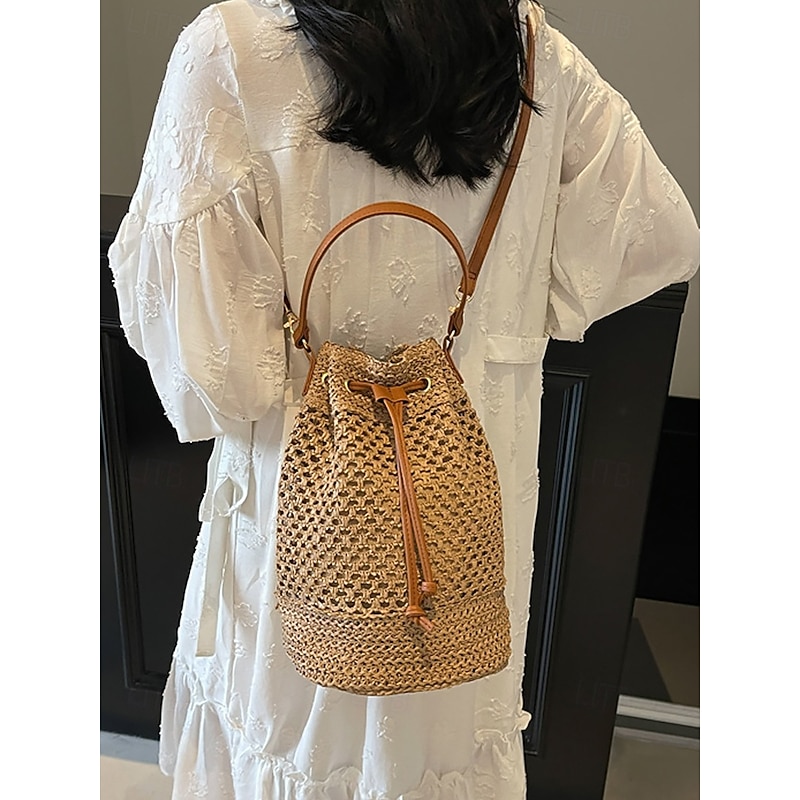 Women's Woven Drawstring Bucket Bag - Stylish Summer Tote with Leather Straps, Perfect for Beach, Travel and Casual Outings3