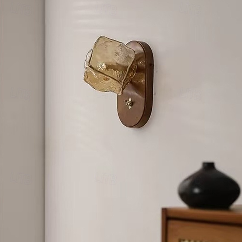 LED Indoor Wall Lights Warm White 20cm 1-Light Ice Cube Shape Wall Light Living Room Background Wall Lamp G9 Wood Glass Retro Simple Wall Mount Sconce Fixture Minimalist Bedroom Bedside Atmosphere Lamp 110-240V2