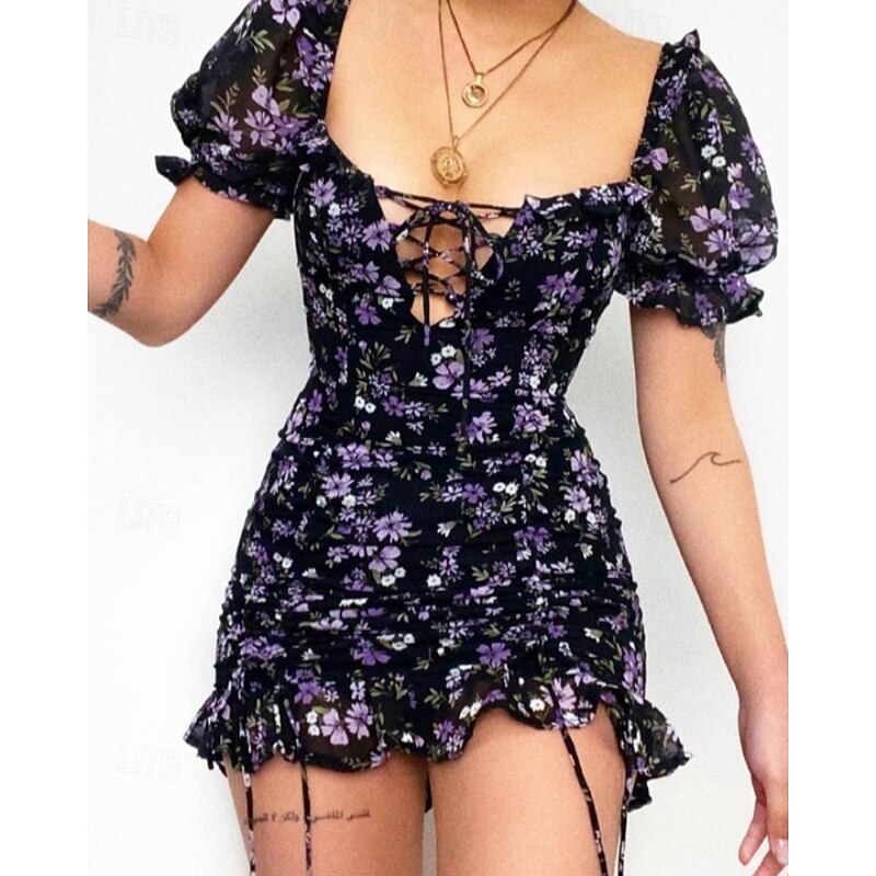 Women's Mini Dress Floral Dress Print Dress Classic Modern Outdoor Vacation Weekend Regular Fit Flower Short Sleeve Square Neck Navy Blue Rose Pink Summer