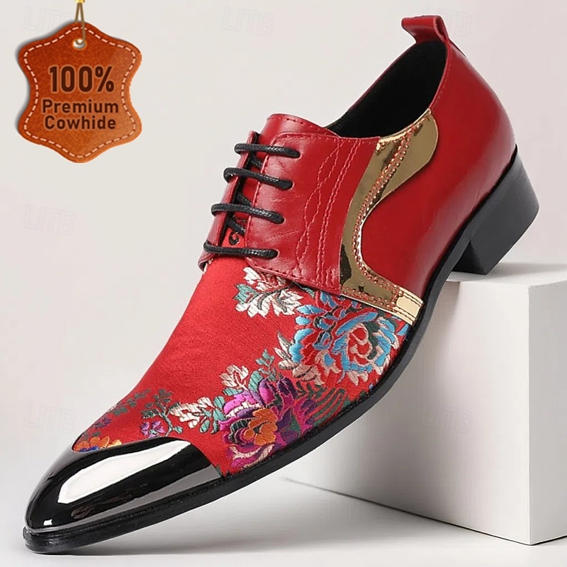 Men's Red Floral Embroidered Leather Dress Shoes with Gold Tip Metallic Accents–Elegant Formal Footwear for Weddings and Evening Events