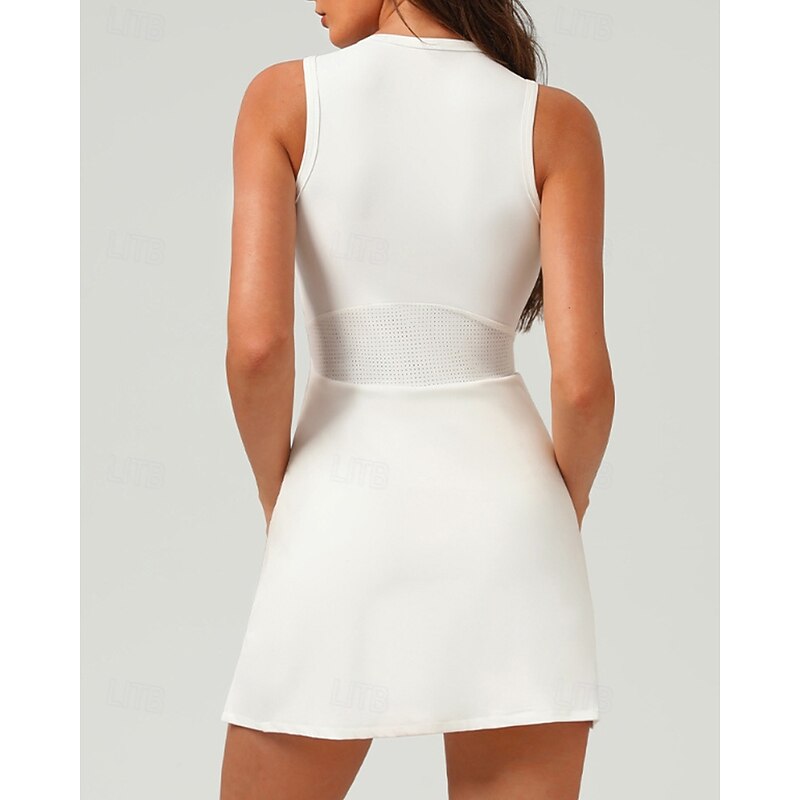 Women's Solid Colored Tennis Dress with Built in Shorts and Bra Sports Dress Sleeveless Hollow Out Zipper Split Breathable Tennis Golf Pickleball Round Neck Tank Back Navy White Tennis Clothing4